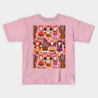 Witches dance // pattern // pink background red orange and berry pink halloween fantasy costumes Kids T-Shirt